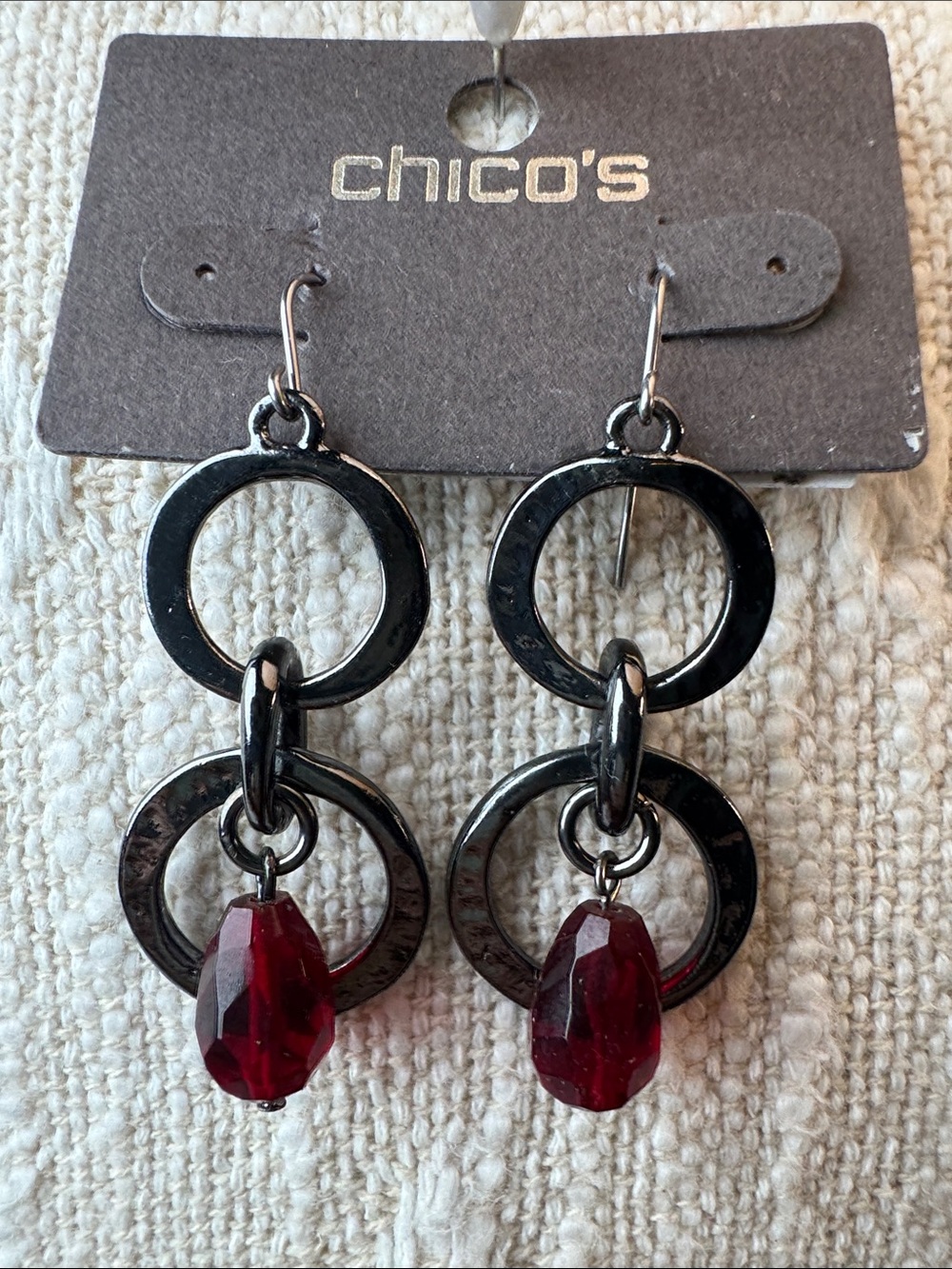 0132-Chico's Black Double-Ring Dangle Earrings with Deep Red Crystal Drops